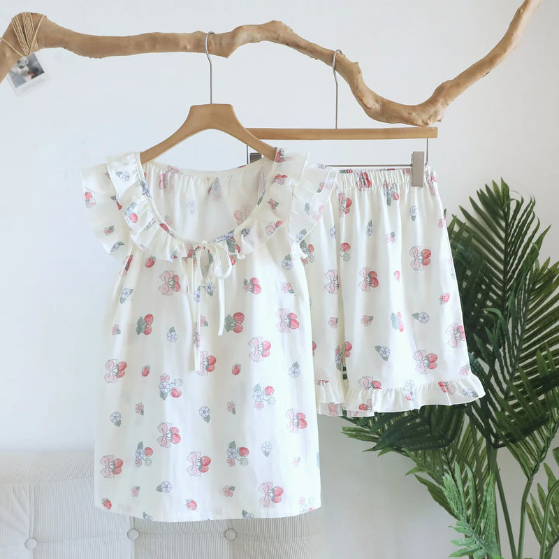 Floral Women's Pajamas With Shorts Summer Wear 2-Piece Set Sleepwear Women Nightwear Pyjama Femme 100% Cotton Home Clothing
