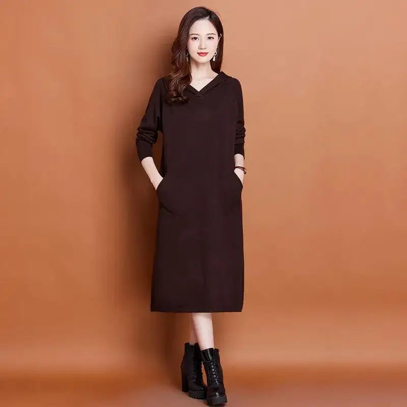 Hooded Long Sleeve Dress New Knit Woolen Jersey For Women Spring Autumn Pullovers Sweater Casual Middle Aged Mother's Jumper