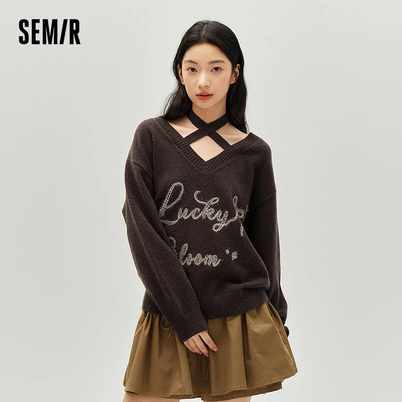 Semir Elegant Sweater Knit Women VNeck Halter Loose Fit Embroidered Bow Sweet 2025 Winter Soft Comfortable Stylish Top