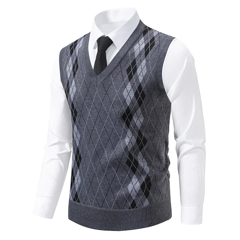 Men's V-Neck Knitted Sweater Diamond Grid Twisted Flower Casual Fashion Top for Autumn Winter Versatile Knitwear