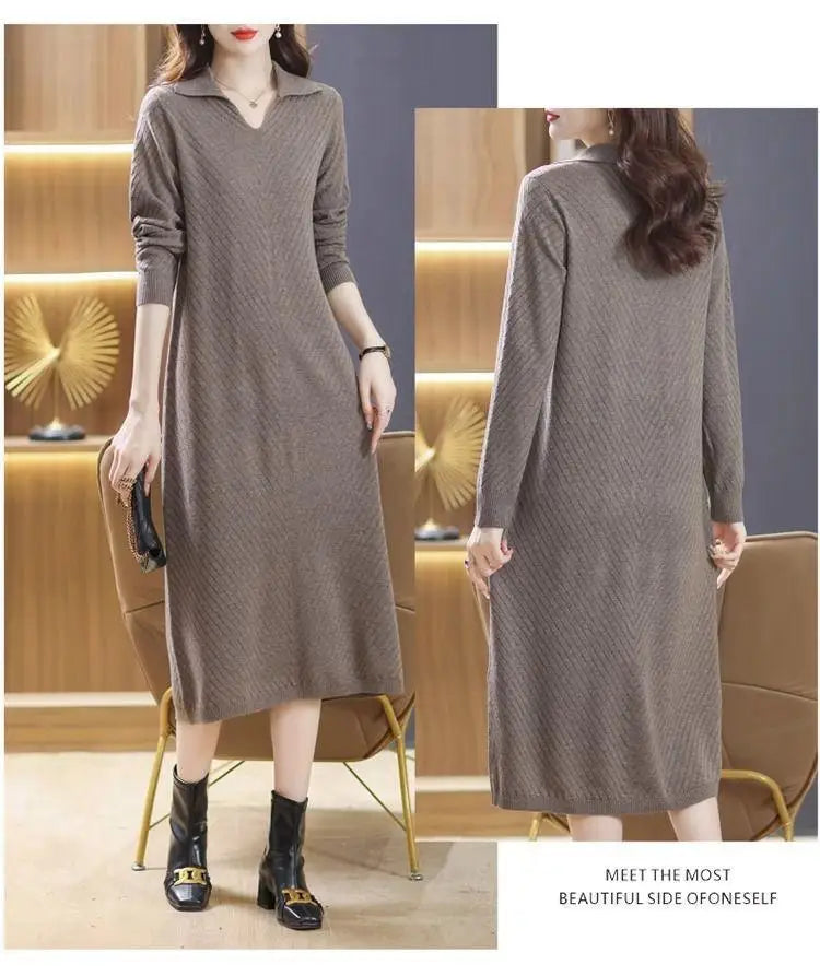 Sweater Women Trends 2026 New Lapel Long Sleeve Knitwear Jumper Spring Autumn Woolen Pullover Clothes Mother Pull Long Dress