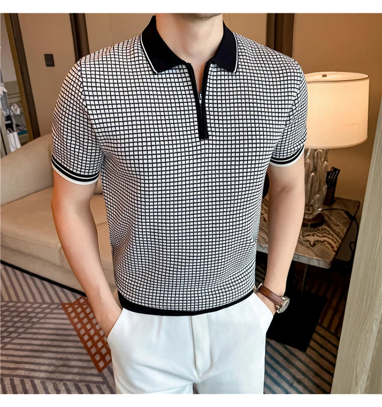 Men's Summer Slim Fit Knitted Polo Shirt - Mature Style Short Sleeve Grid Pattern Business Casual Top with Contrast Collar
