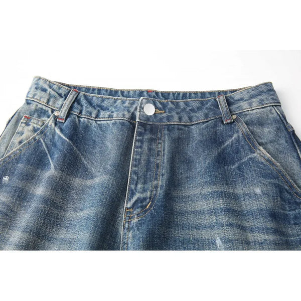 Men's Trendy Curved Hem Jeans – Unique Arc Shape Denim Pants with Splatter Paint Detail, Casual Loose Fit Streetwear (Blue)