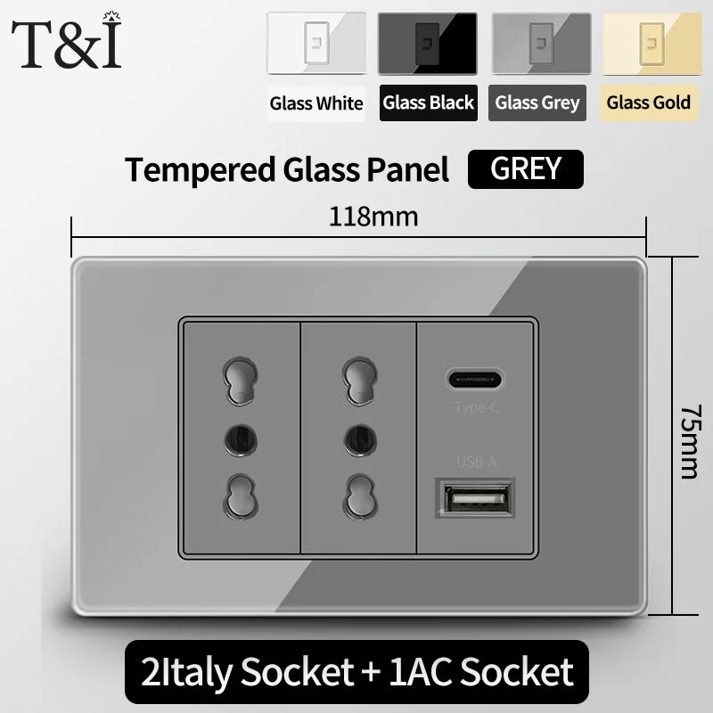 T&I Wall Switch Sockets With USB TypeC  Fast Charging, Italy Socket , Chile Schuko Outlet, Tempered Glass Panel for Home