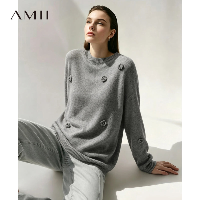 Amii Women's Crew Neck Autumn Sweater Drop Shoulder Long Sleeve Rose Casual Pullover Loose Knit Tops Female Clothing 12623037