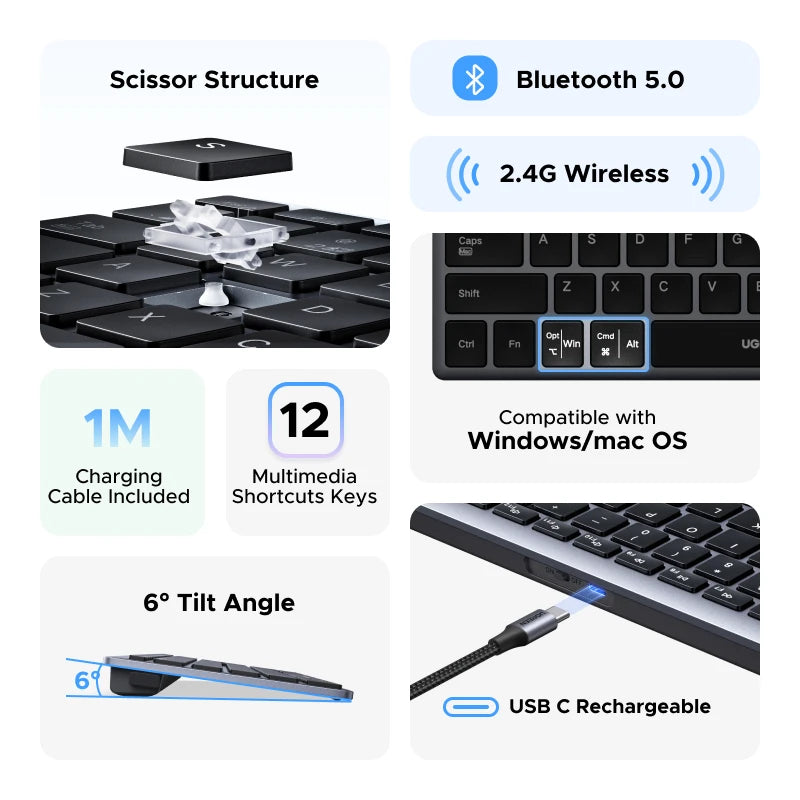 UGREEN Wireless Keyboard 99 Keys Bluetooth 2.4G Dual Mode USB-C Rechargeable 500mAh Scissor Structure Ergonomic for Laptop PC