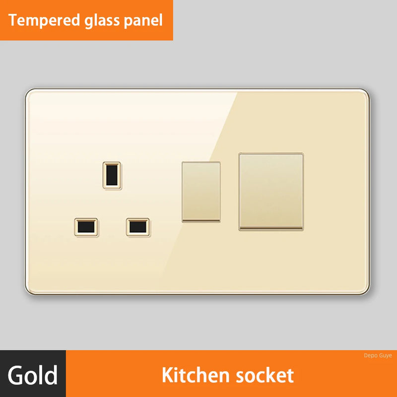 Luxury All Tempered Glass Wall Lamp Switch Button Golden UK Plug 13A Universal Wall Socket with Usb ,220V2gang2way Dimmer Switch