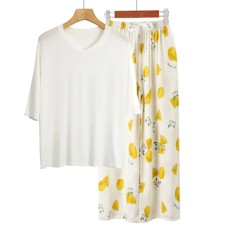 Nightwear Modal Woman Pajamas Spring Summer Casual Sleepwear Set Loose Casual Women's Home Clothes Short Sleeve Trousers Suit