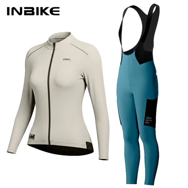 INBIKE Winter Cycling Clothing Set Women Fleece Thermal Long Sleeve Jersey and Bib Pants Windproof Warm Riding Road Bike Suit