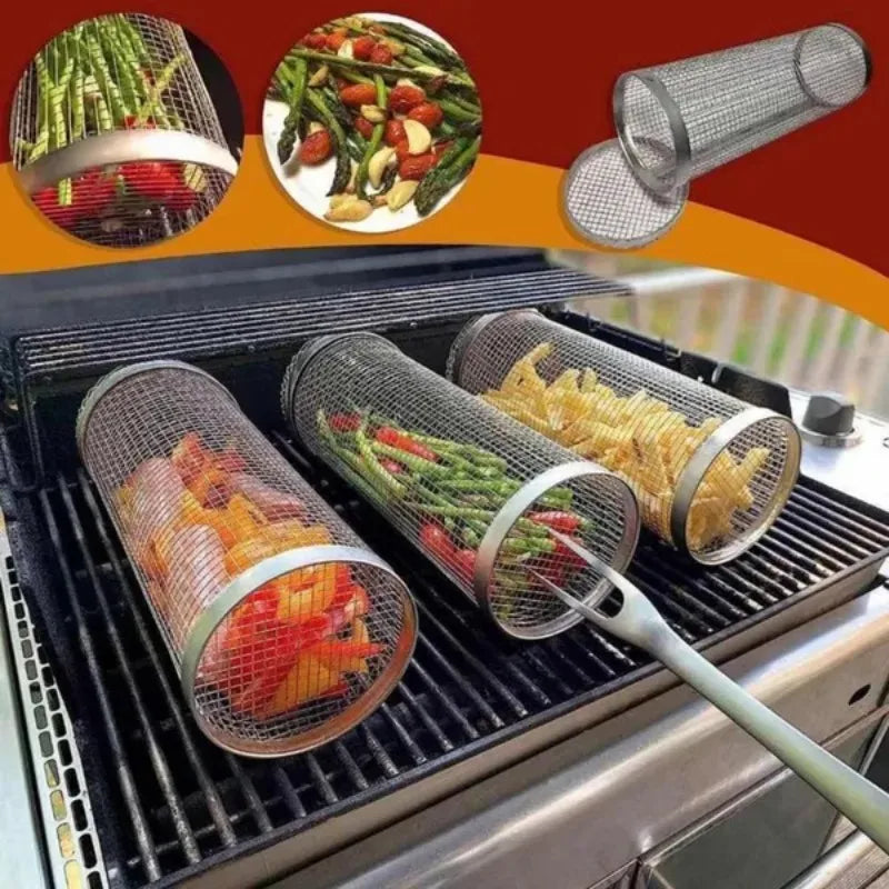 1pc Stainless Steel Grill.Roaster Rolling Cylinder Basket Portable Mesh Rotating BBQ Cage Oven Home Barbecue Picnic Accessories