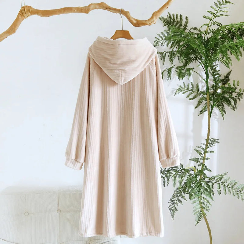 Flannel Thickened Robes for Woman New Winter Sleepwear Solid Color Hooded Bathrobe Women's Sleep Dressing Gowns Soft Homewear