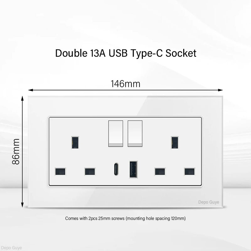 UK Standard 18W Type-C Fast Charging Universal Dual 3pin Power Outlet,White Tempered glass Wall light Switch Panel  For Home