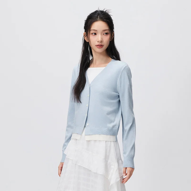 Semir Women Cardigan Cropped V Neck Colorblock Mock Layer Shoulder Fit 2026 Autumn Minimal Knitted Everyday Sweater Top