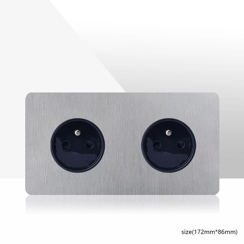 Retro EU France Socket Stainless Steel Brushed Double Power Outlet Toggle Metal Lever 1-4 Gang 2Way Wall Light Switch Panel RJ45