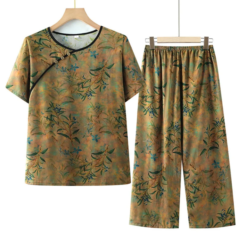 Thin Middle-aged Summer Pajama Set Floral Night Wear for Ladies Sleepwear Loose Soft Short Sleeve Nightwear for Woman Pijama
