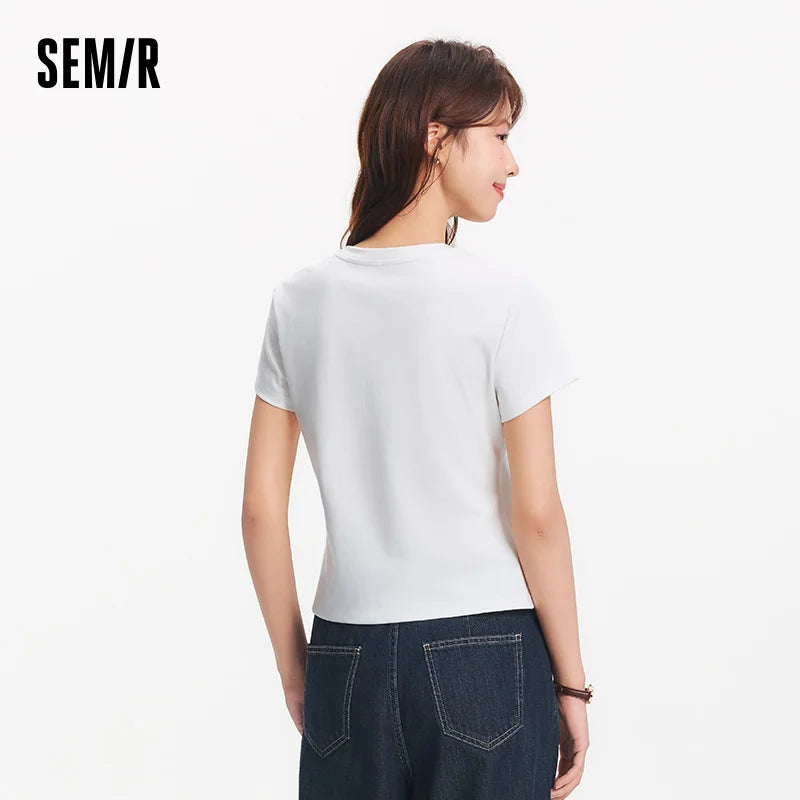 Semir Womens Tshirt 2026 Short Style Solid Slim Regular Shoulder Knot Asymmetric Design Casual Soft