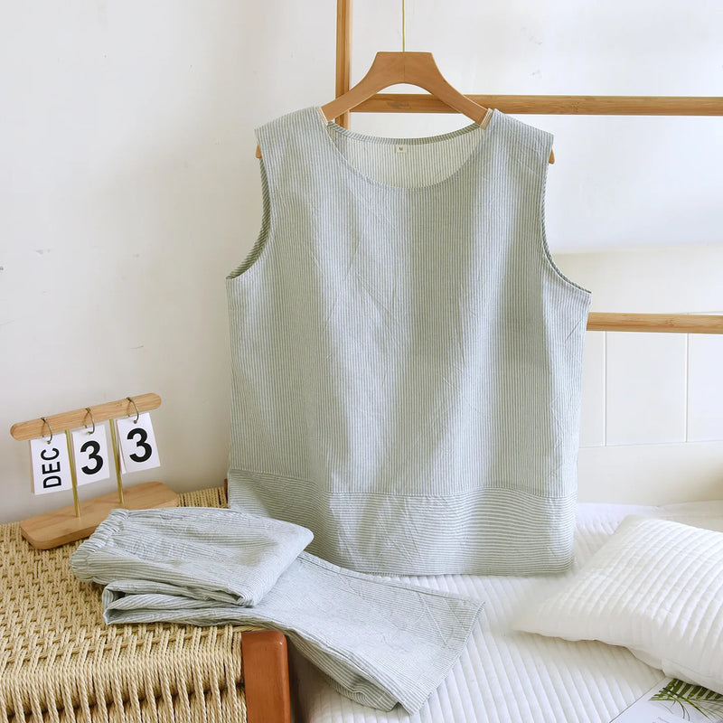 Thin Sleeveless Pyjamas Woman Summer Pajamas Sleepwear Women's Cotton Gauze Pure Color 2 Piece Set Night Wear For Ladies Pijama