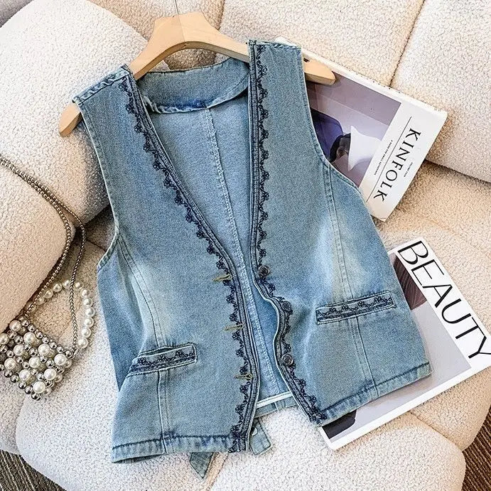 Denim Vest Spring and Autumn Fashion Retro Embroidered Vests Jackets Versatile Sleeveless Top Women Waistcoat Chalecos Mujer