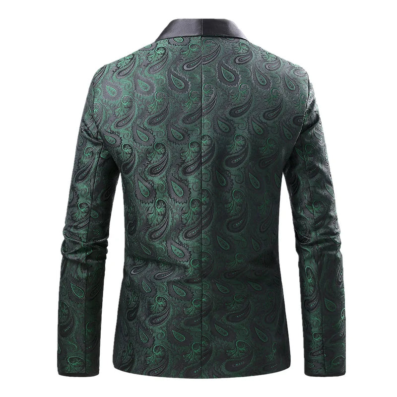 Men's Green Long-sleeve Blazer, Cashew-Print Suit Jacket, Suitable for Weddings, Parties, and Stage Performances.