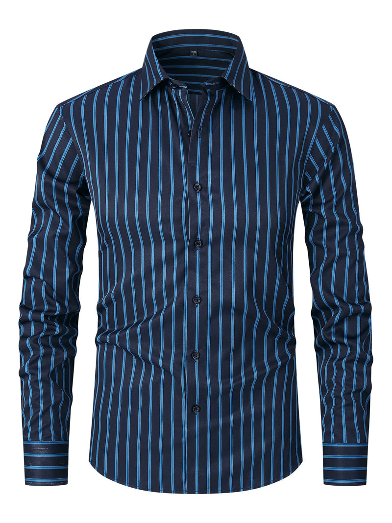 2026 Men's Pink Long-Sleeve Striped Shirt, White Single-Breasted Lapel Shirts, Available in Black or Blue.