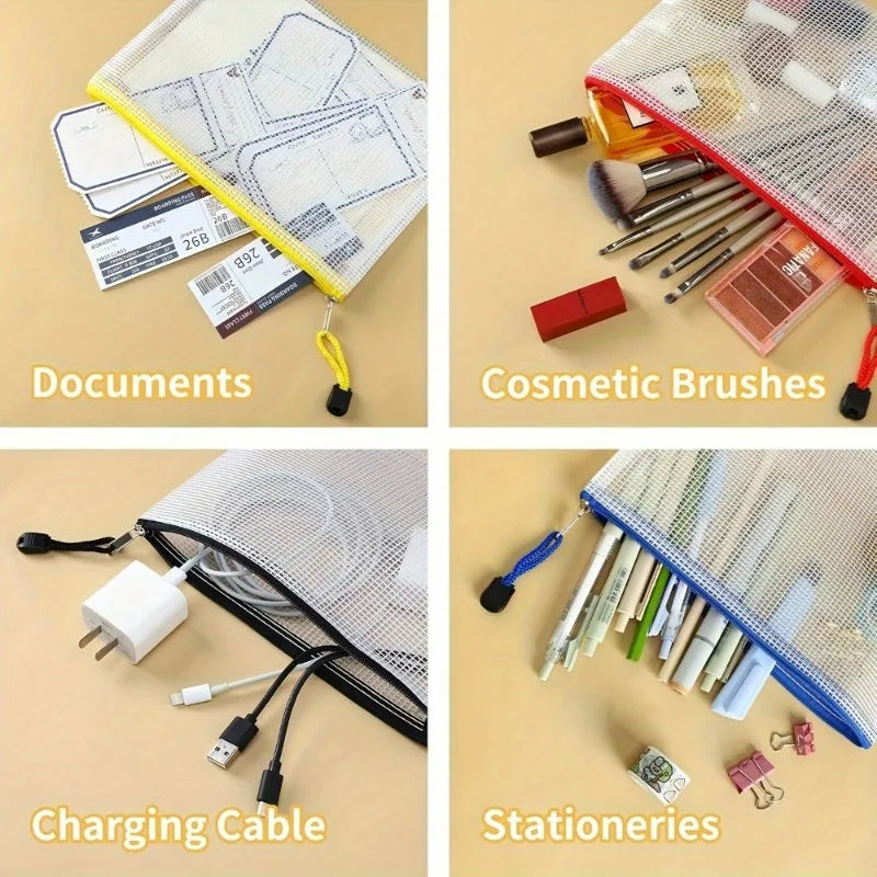 5pcs A5 PVC Mesh Zipper Bags - Storage Pouches for Documents Suitable for Home, School, And Travel. Versatile document folder