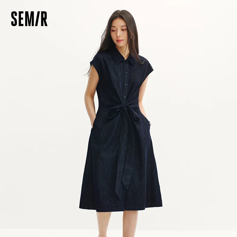 Semir Women Dress Denim Knot Waist Cinching Bow Cool Feeling Stylish Design Midi 2026 Summer Casual Fashion Top