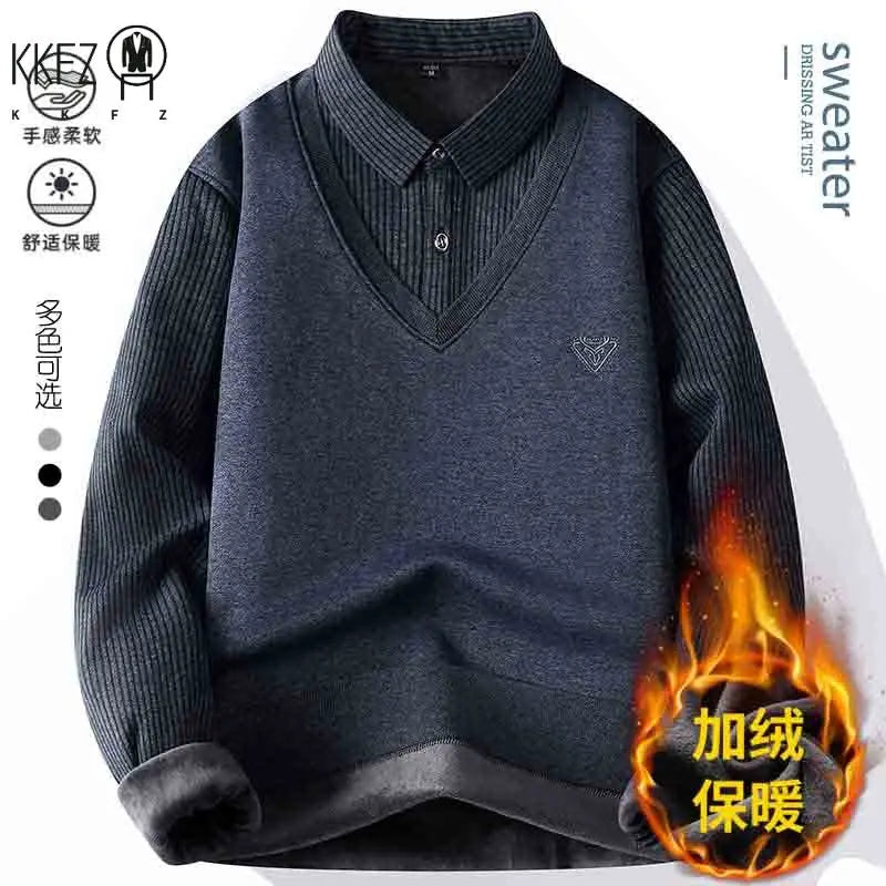 Thermal Knitted Top For Men Fake Two Piece Waistcoat Style Stretch Striped Sleeve Shirt Collar Daily Wear Base Layer Outfit