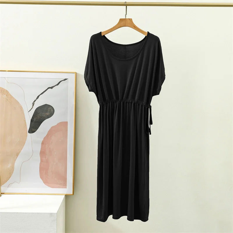 Modal Mid Length Long Dress Loose Elastic Pleated Nightdress Short Sleeved Summer Sleepwear Women Comfortable Ladies Nightgowns