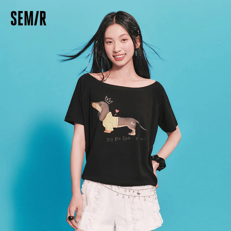 Semir Womens Tshirt 2026 Dog Printed Oversized Raglan Sleeve Slash Neck Petite Style Casual