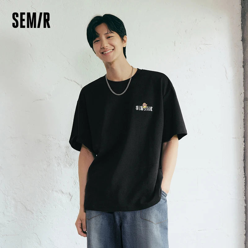Semir Mens Tshirt 2026 American Graffiti Printed Embroidery Loose Crew Neck Knitted Casual Trendy
