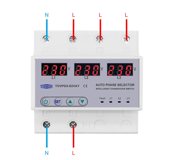 Three Phase 3P+N Din Rail Phase Selector Voltmeter with Adjustable Over and Under Voltage Protection Monitor Relays Protector