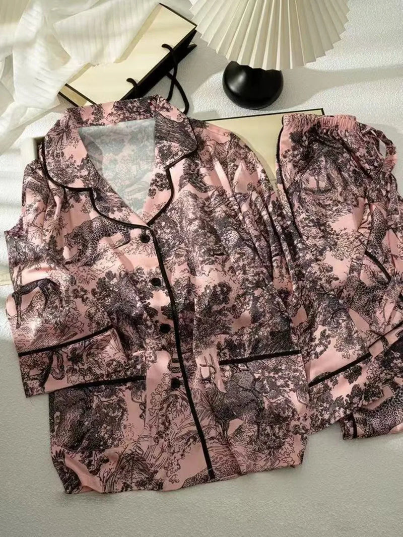 Ice Silk Sleepwear Women's Two-piece Set Night Wear For Ladies Pajamas Spring Autumn Long Sleeve Pyjama Set Woman Home Wear