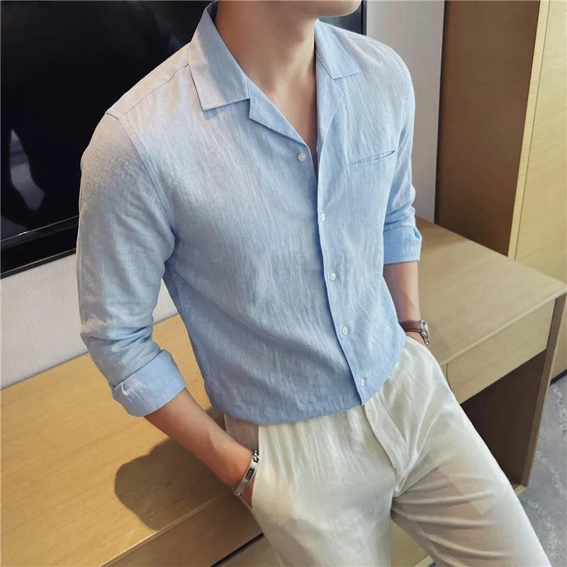 100% Linen Cuban Collar Long Sleeve Shirt - Breathable, Skin - Friendly & Fade - Resistant Casual Top for Men