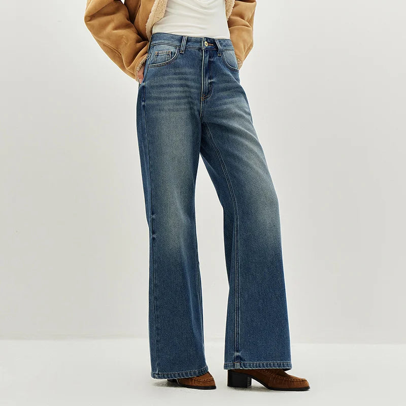 Semir Women Jeans Belted Fleece Lined Flared Loose Fit Distressed Wash 2026 Vintage HighWaist Streetwear Denim Pants