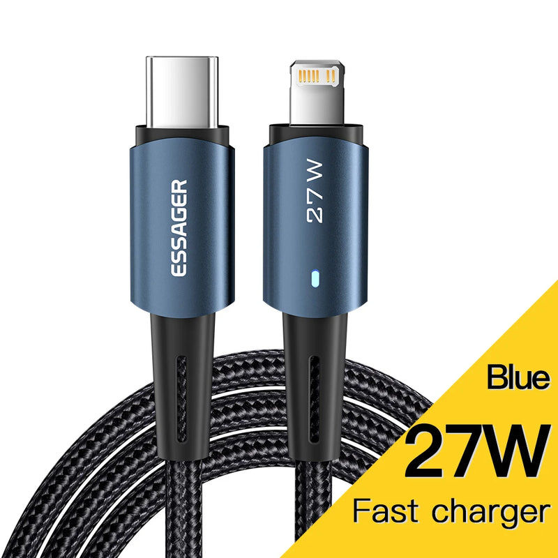 ខ្សែសាក Essager 27W USB C សម្រាប់ iPhone 14 13 12 11 Pro Max XS 20W ខ្សែសាកលឿន Type C ទៅខ្សែភ្លើងកាលបរិច្ឆេទសម្រាប់ iPad Macbook
