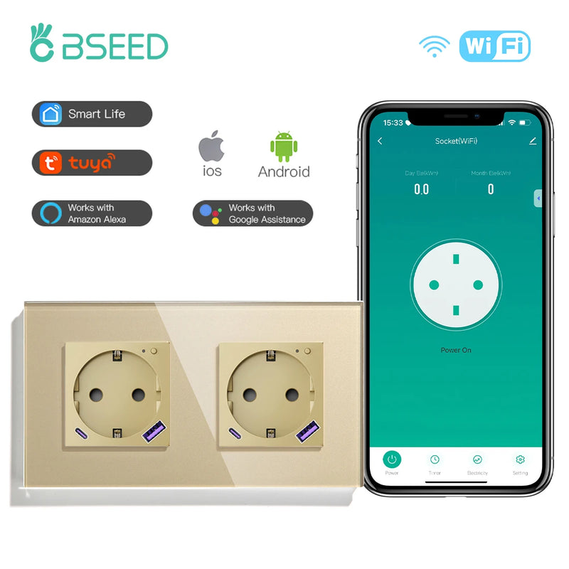 BSEED EU Standard Wifi Smart Socket With 20W USB Type-C Port Power Monitor Timing Function Tuya Alexa Smart Home Control 16A