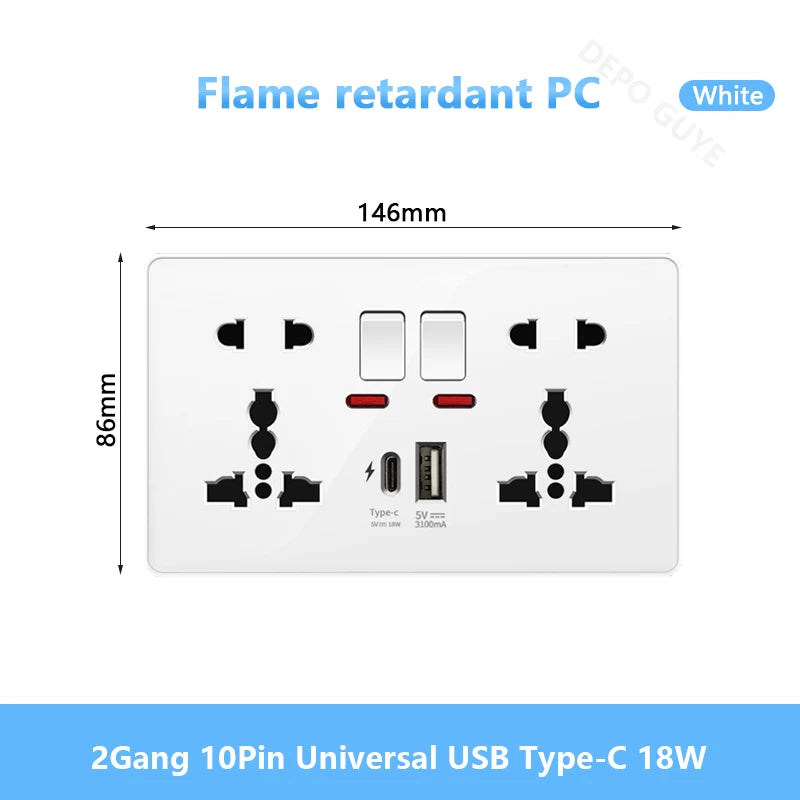 White UK Standard 13A USB Wall Socket Panel,Universal 18W Type-c Quick Charge Socket Plug,Wall Light Switch Electrical outlet