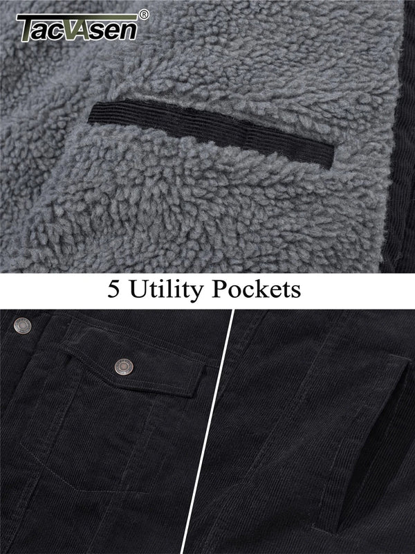 TACVASEN Thicken Fleece Lining Mens Corduroy Jacket Sherpa Lined Winter Coats Trucker Cargo Workwear Multi-Pocket Outwear