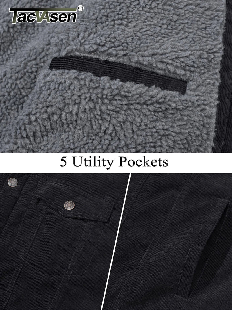 TACVASEN Thicken Fleece Lining Mens Corduroy Jacket Sherpa Lined Winter Coats Trucker Cargo Workwear Multi-Pocket Outwear
