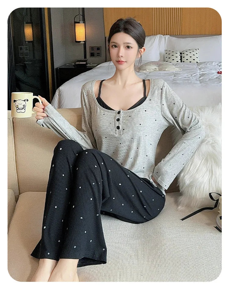 Spring Autumn Women's Pajamas Set Modal Long Sleeve Top Pant Suit 2025 Lounge Wear Sleepwear Sleeping Clothes Home Pijama