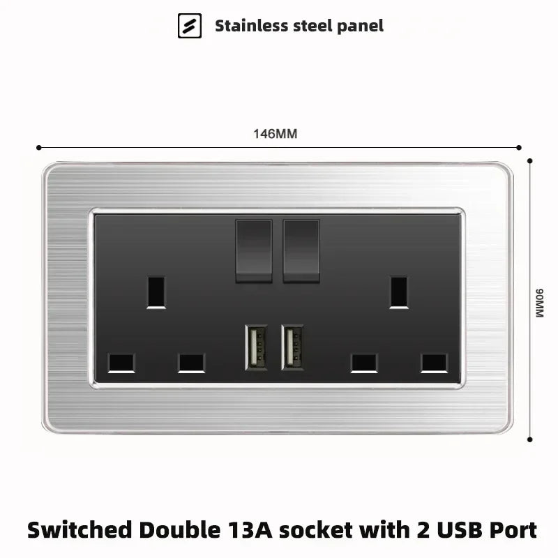 Wall LED Light Universal Switch Stainless steel Panel,EU UK USB Type-c 18W Fast Charging Plug socket 1 2 3 Gang 1 2 Way switch