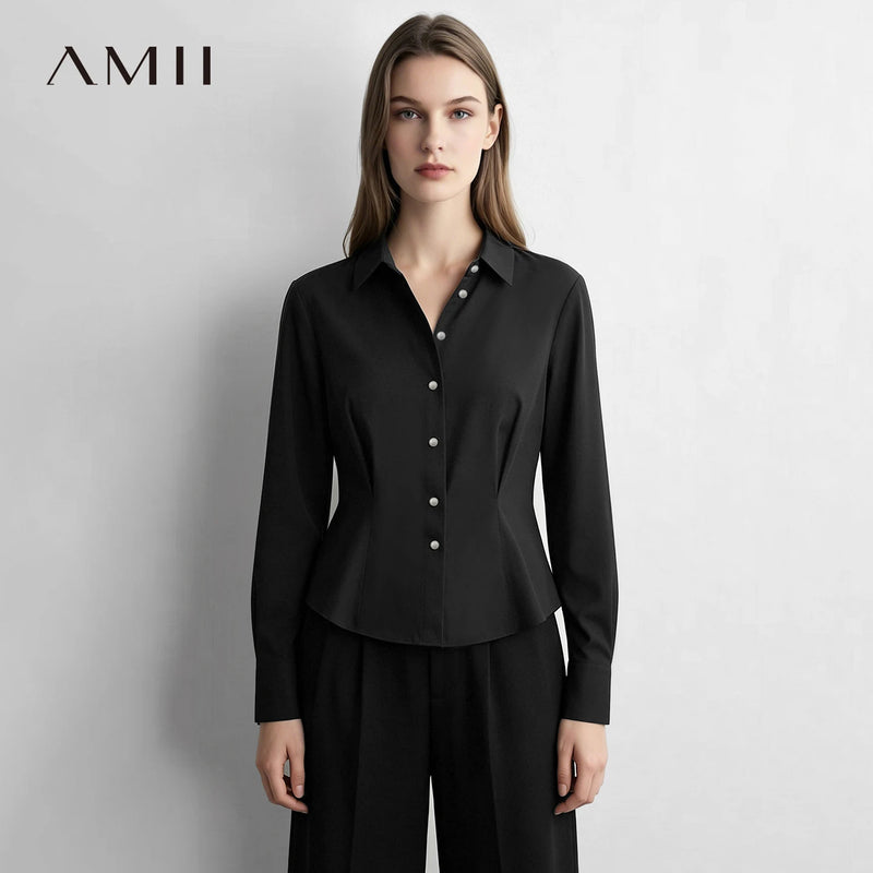 Amii Women's Shirt 2026 Autumn New Lapel Collar Fitted Waist Long Sleeve Blouse Vintage Metal Button Casual Top Women 12623031
