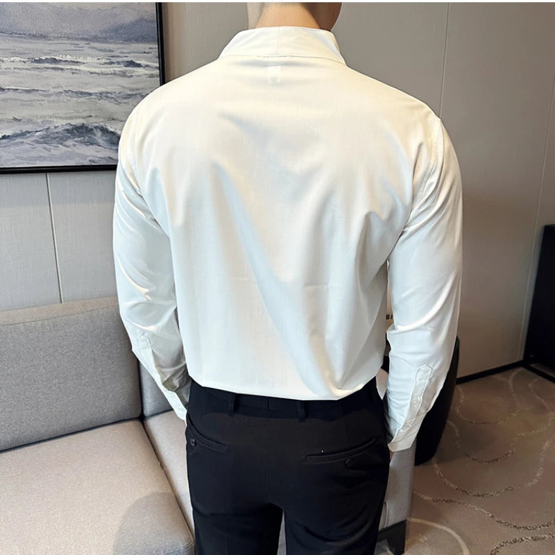 High-End Sexy Large V-neck Shirt Men's Long-Sleeved Design Collarless Shirt Brown Slim Top