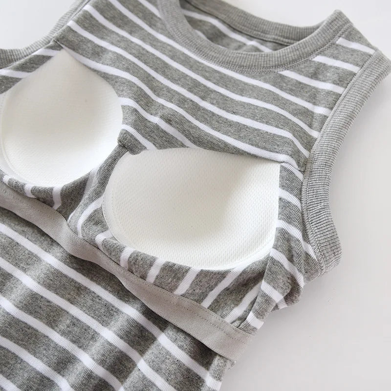 Women Sleeping Shirts New Knitted Cotton Sleepwear Tops One Piece Pajamas Striped Sleeveless Chest Pad Underwear T-shirt