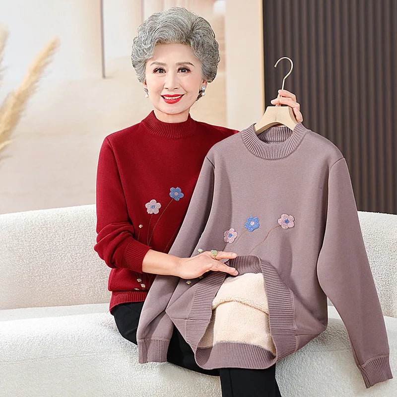 Thick Velvet Women's Bottoming Top Autumn Winter New Grandma Half Turtleneck Knit Sweater Middle Aged Mother Pullover Shirt