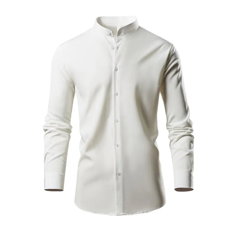 Male Black Stretch Long Sleeve Shirts/Men's High Quality Stand Collar Pure Slim Fit Business Shirt Red White Camisa Man Chemise