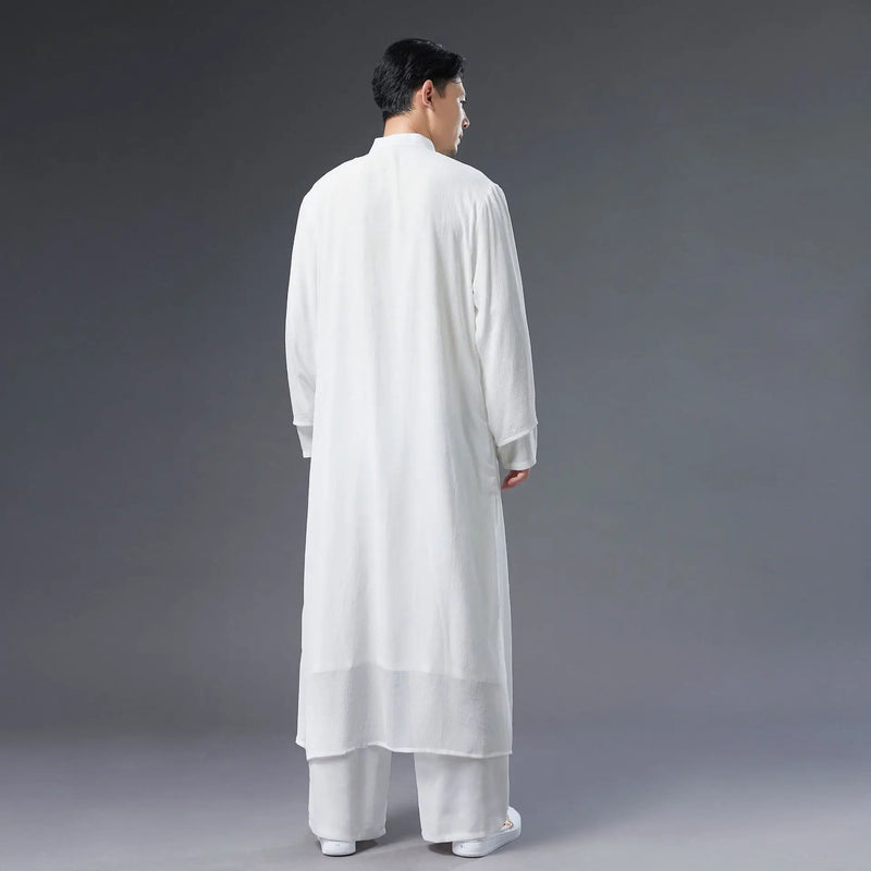 Chinese-style Men's White Trench Coat, Summer Black Cotton-linen Long Jacket.