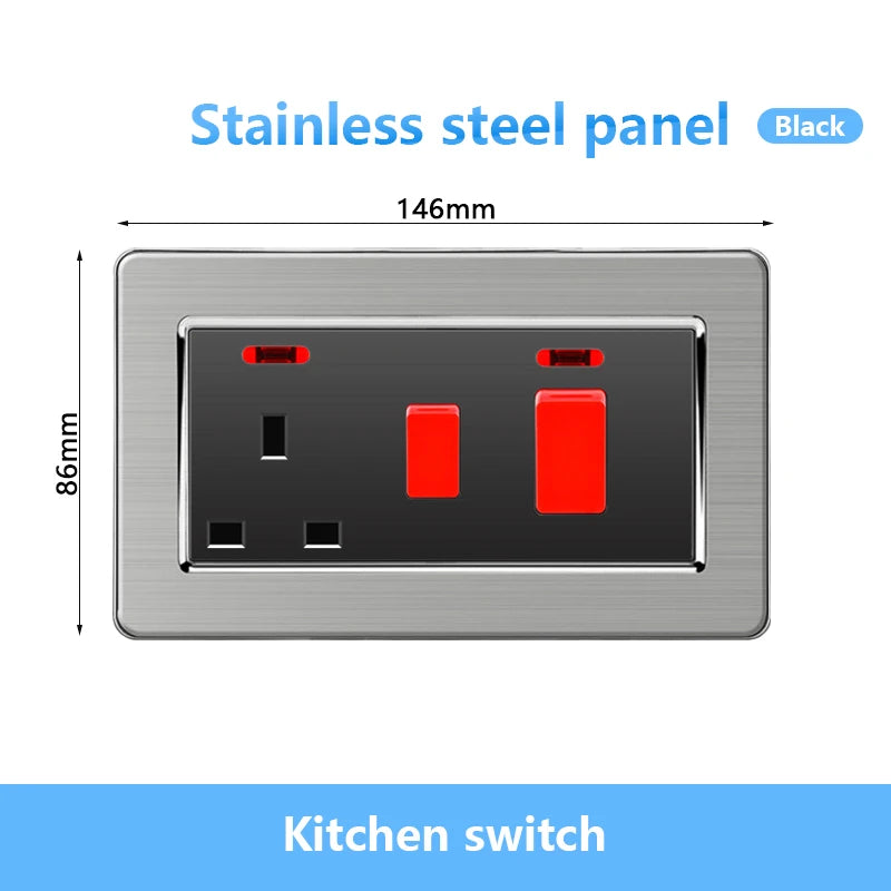 146 UK Standard 45A High Power Kitchen Electric Switch Socket 13A Wall Power Supply Cooker Glass Plastic Aluminum outlet Black