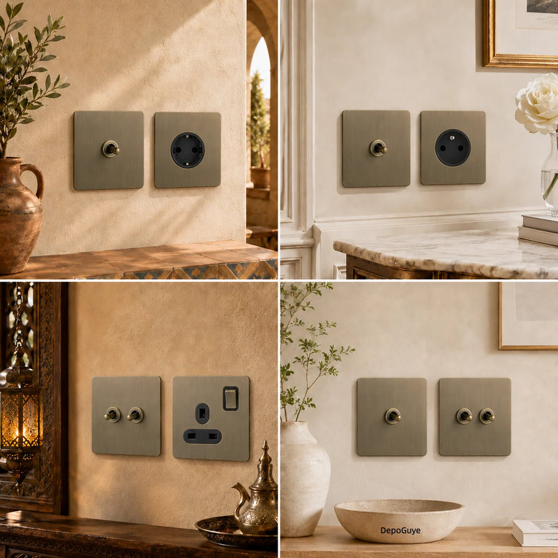 Retro Eu Metal Panel Wall Toggle Light Switch Socket,Bronzed Antique Stainless Steel German 16A Socket with USB Phone Charging