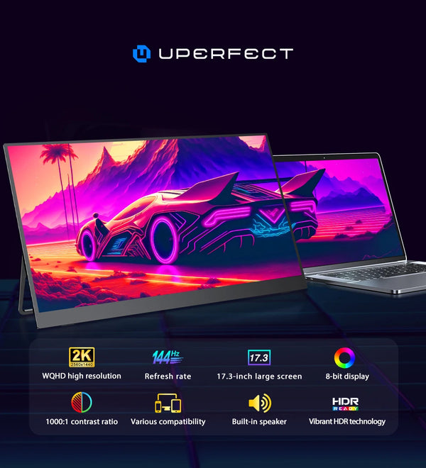 ម៉ូនីទ័រចល័ត UPERFECT ទំហំ 17.3 អ៊ីញ អត្រាធ្វើឱ្យស្រស់ 144HZ អេក្រង់ 2K 105.70% SRGB ជាមួយជើងទម្រ អេក្រង់ IPS ស្ដើងបំផុត HDMI និង USB-C